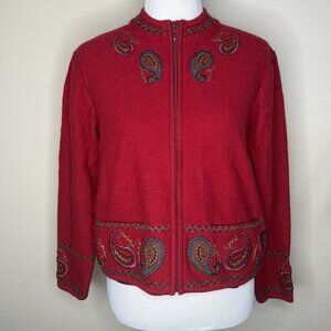 Icelandic Design Boiled Wool Jacket Womens Size M Embroidered Zip Sweater Pocket